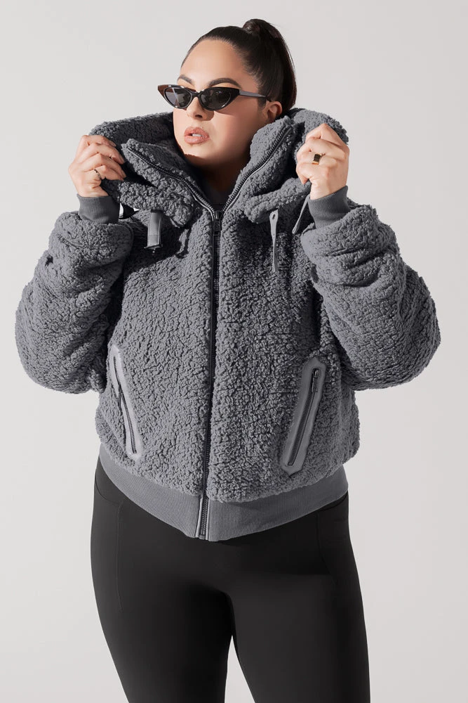 The Kinsley Bomber Jacket in Faux Sherpa - Grey The Kinsley Bomber Jacket In Faux Sherpa - Grey -Popflex Store KinsleyBomberJacket Grey 5020 0026 Edit