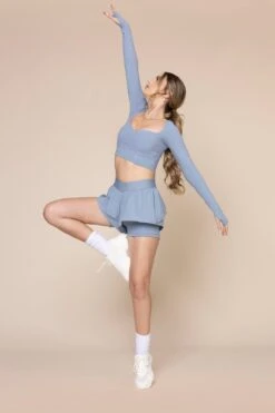 Sweetheart Long Sleeve Crop Top- Blue Storm -Popflex Store SweetheartLongSleeveCropTop 2022 RuffleShort BlueStorm 4017 02737