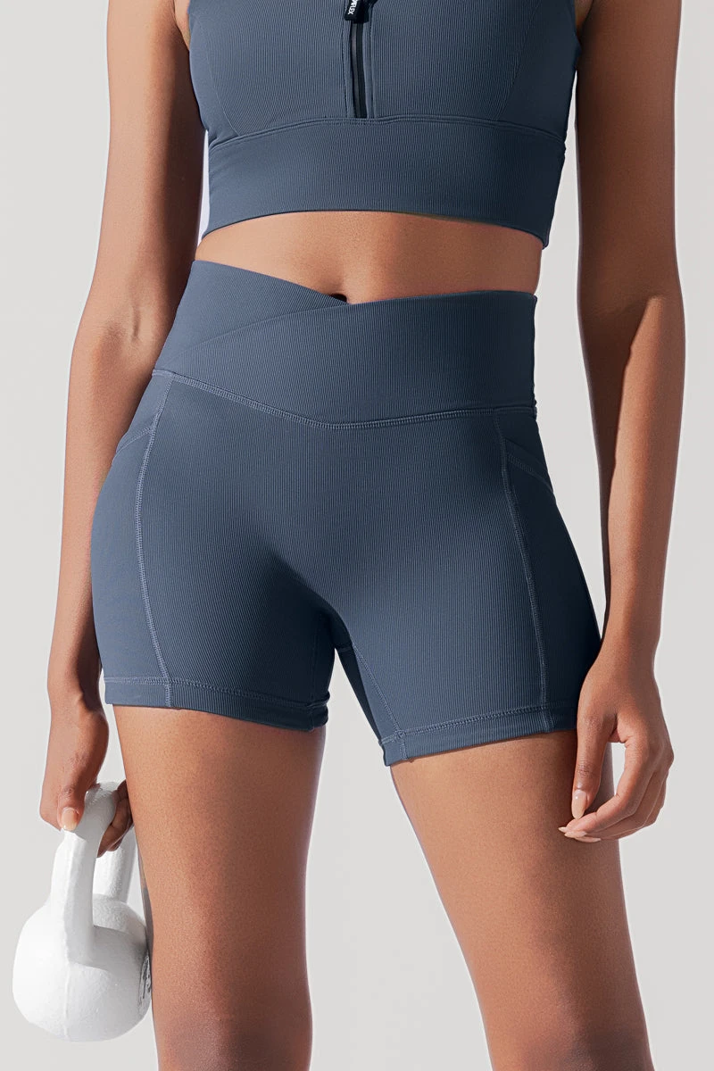 Crisscross Hourglass® Midi Shorts with Pockets (Ribbed) - Navy Crisscross Hourglass® Midi Shorts With Pockets (Ribbed) - Navy -Popflex Store smal ribbed short close up